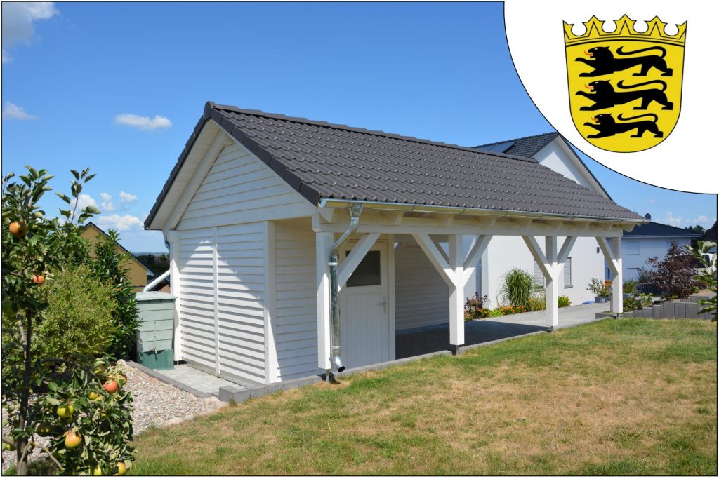 Ein kompaktes, weißes Carport mit schwarzem Dach, das die baurechtlichen Aspekte eines Carports in Baden Württemberg reflektiert.