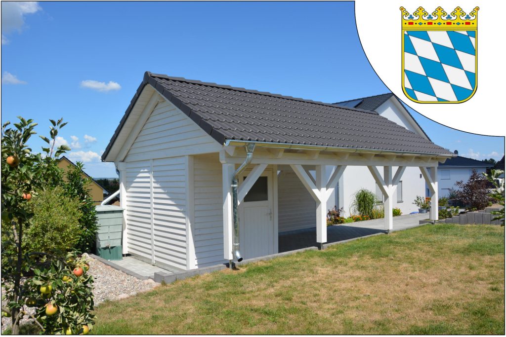 Ein kompaktes, weißes Carport mit schwarzem Dach, das die baurechtlichen Aspekte eines Carports in Bayern reflektiert.