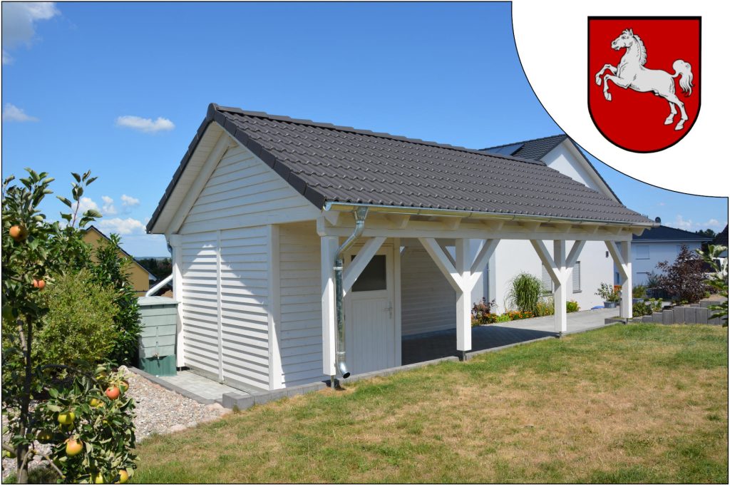 Ein kompaktes, weißes Carport mit schwarzem Dach, das die baurechtlichen Aspekte eines Carports in Niedersachsen reflektiert.