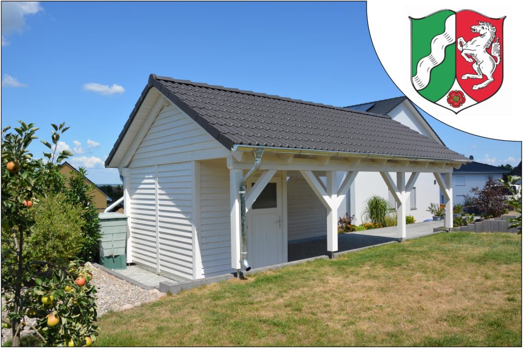 Ein kompaktes, weißes Carport mit schwarzem Dach, das die baurechtlichen Aspekte eines Carports in Nordrhein Westfalen reflektiert.