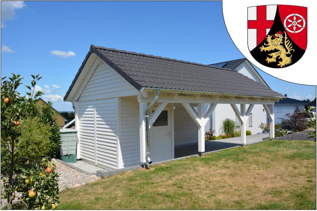 Ein kompaktes, weißes Carport mit schwarzem Dach, das die baurechtlichen Aspekte eines Carports in Rheinland Pfalz reflektiert.