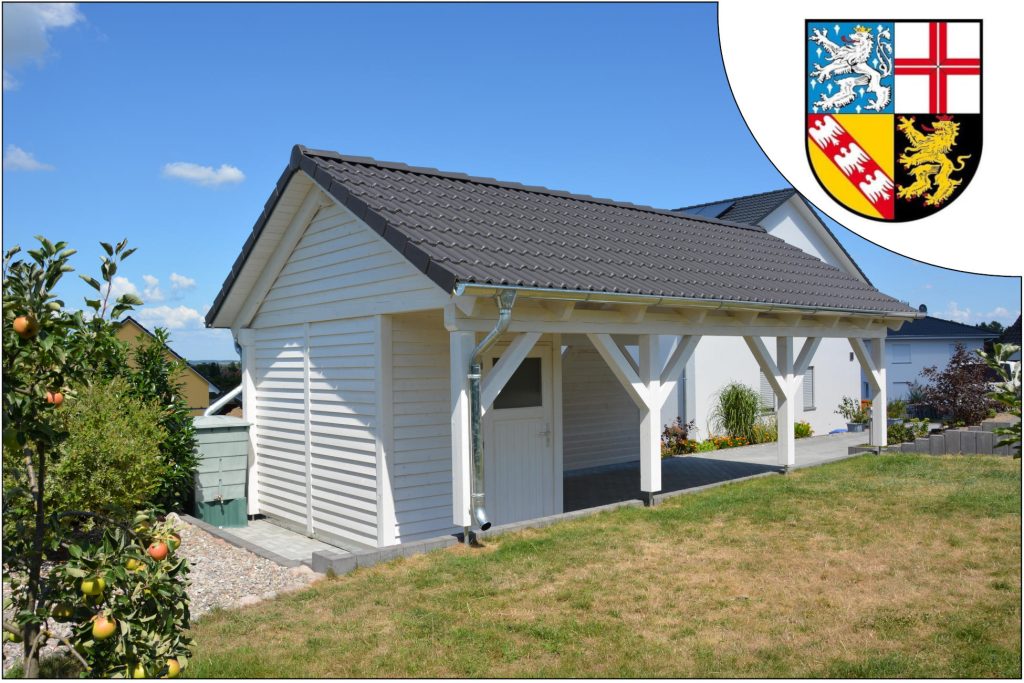 Ein kompaktes, weißes Carport mit schwarzem Dach, das die baurechtlichen Aspekte eines Carports in Saarland reflektiert.