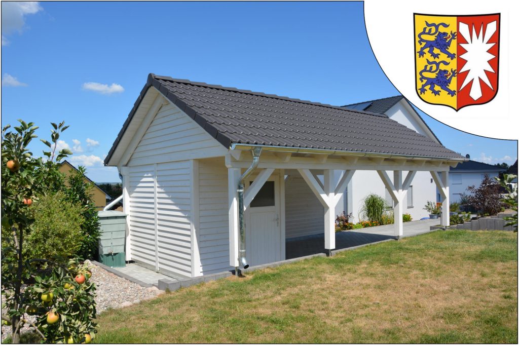 Ein kompaktes, weißes Carport mit schwarzem Dach, das die baurechtlichen Aspekte eines Carports in Schleswig-Holstein reflektiert.