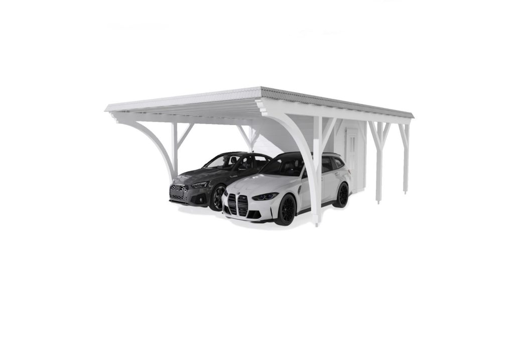 Flachdach Carport mit Geraeteraum und Bogenstrebe