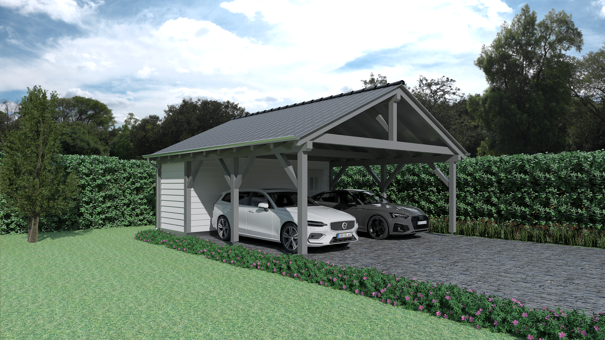 Ein Carport mit Satteldach, Platz für zwei Autos, umgeben von grüner Vegetation und einem gepflasterten Weg.